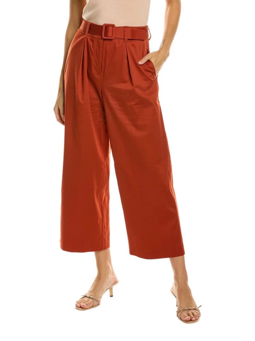 TRINA TURK Sentimental Belted Wide Leg Crop Pants 8 Rust Orange High Rise Pleat
